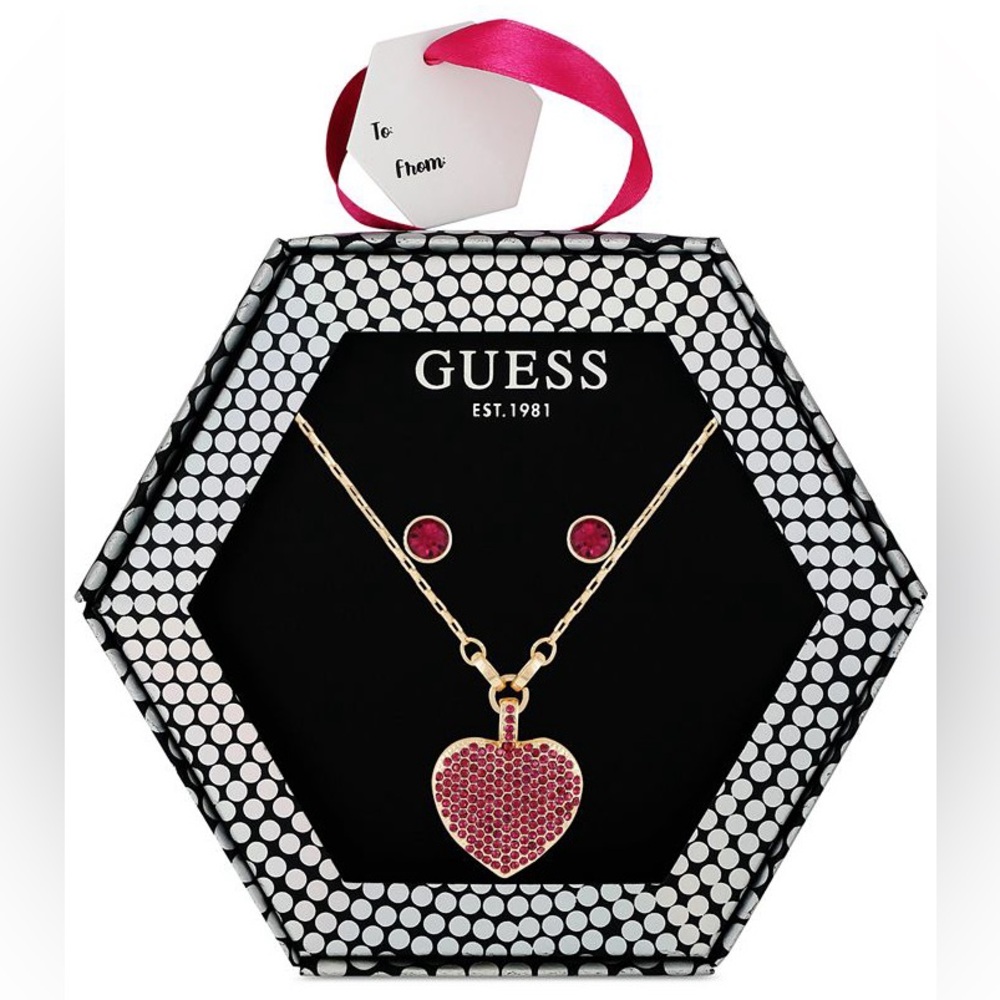 GUESS 2-Pc. Set Heart Necklace & Stone Stud Earrings